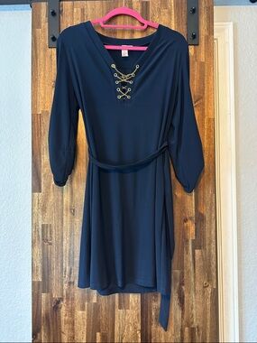 Emma & Michele Navy Gold Chain Lace-Up V-Neck Belted Long Sleeve Dress